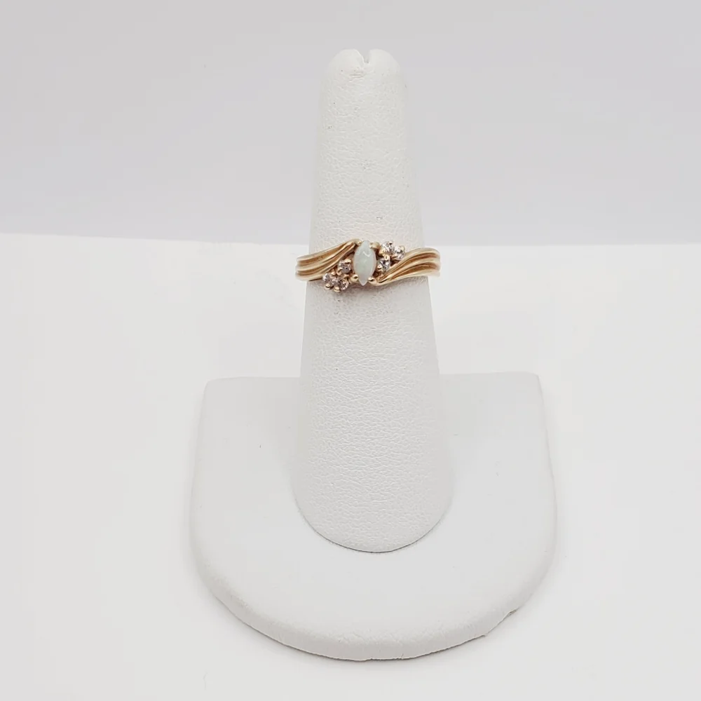 10k Solid Yellow Gold Natural Marquise Opal & Round Diamond Ring